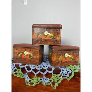 Vintage J.L. Clark Strawberry and Faux Wood Tins